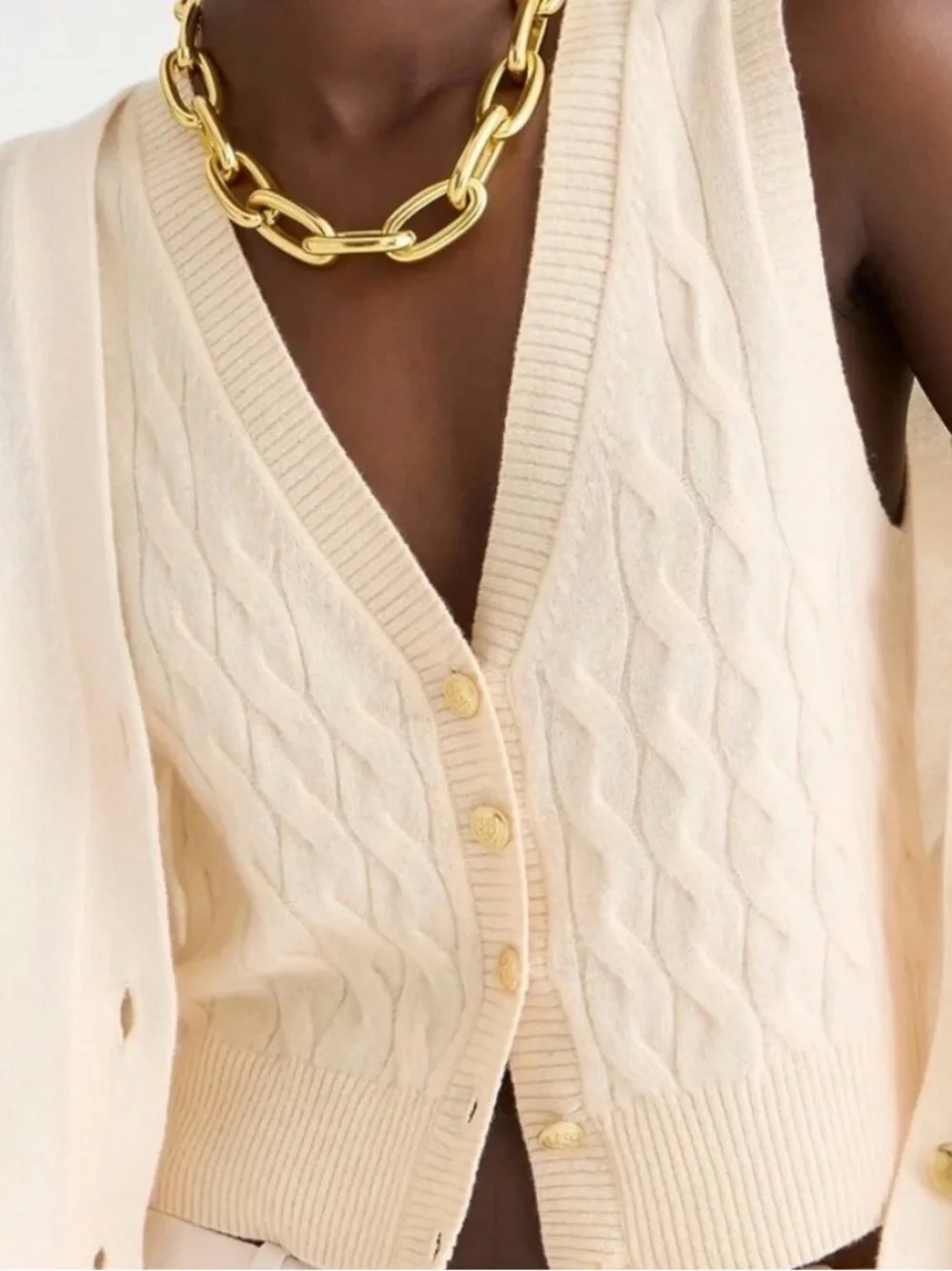 J.Crew 100% Cashmere Cable Knit Sweater Vest Cream Gold Button V-Neck Women's S